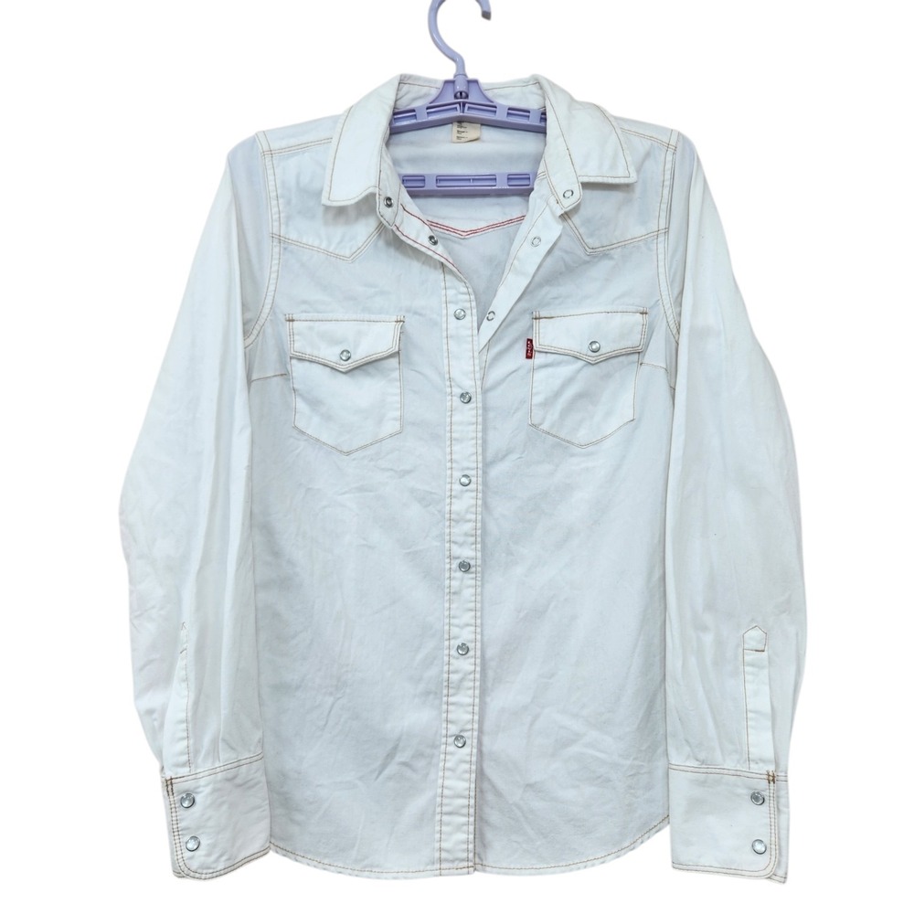 Levi's Size Small Western Cream Denim Pearl Snap Shirt Ladies Long Sleeve Cotton